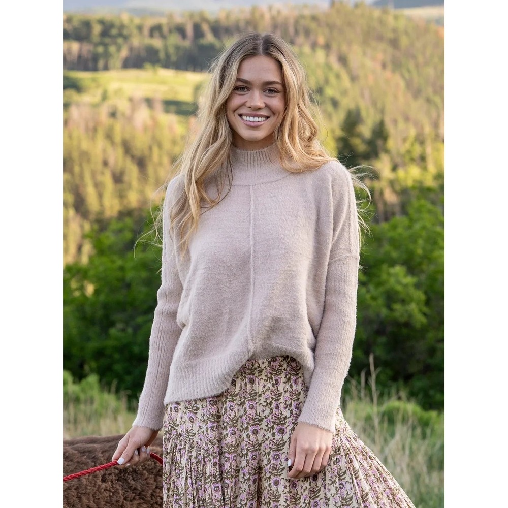 Natural Life Fuzzy Knit Mock Neck Sweater Tan Pink Boho Cottagecore Large